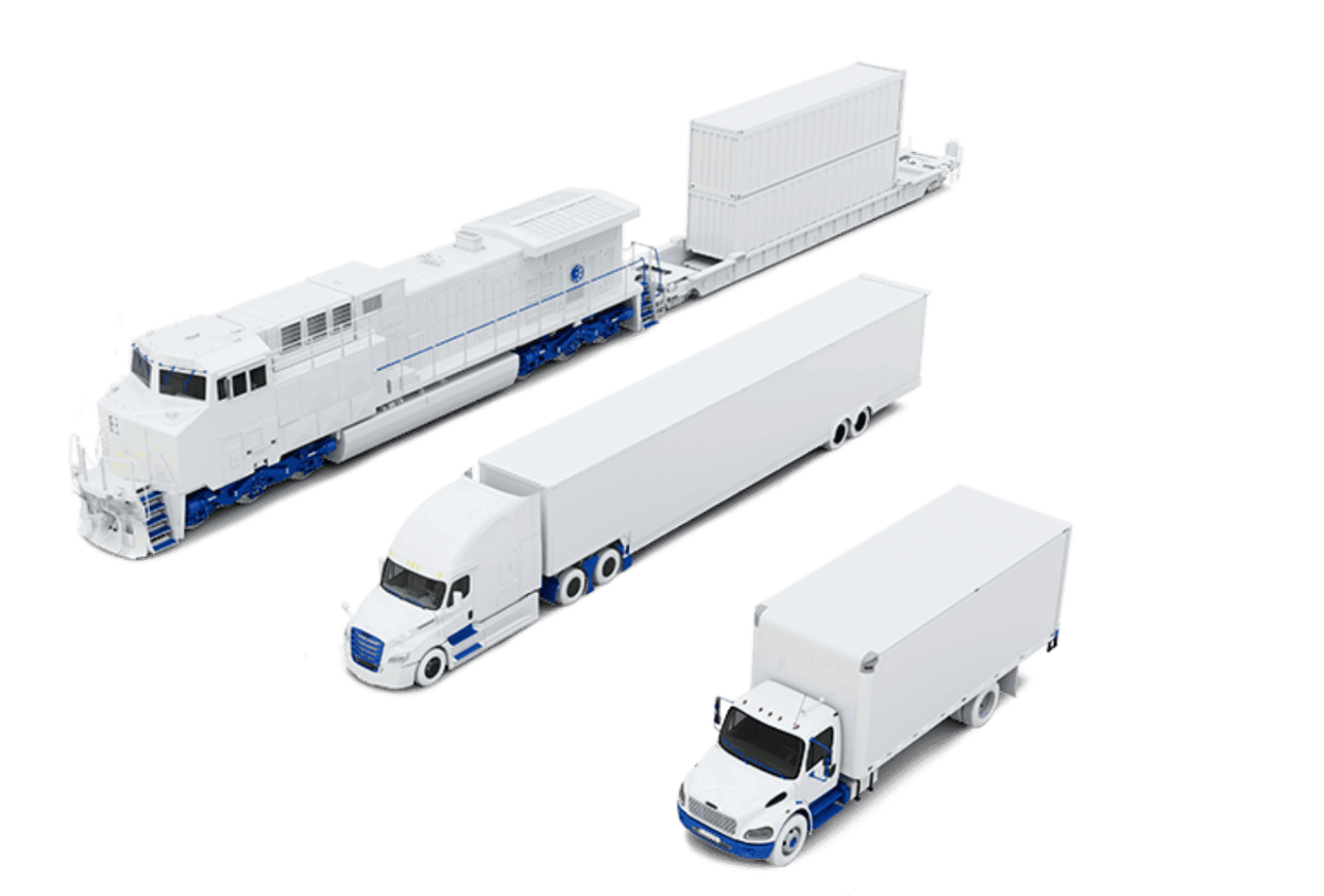 Digital image of white diesel locomotive, white semi truck and trailer, and white box truck