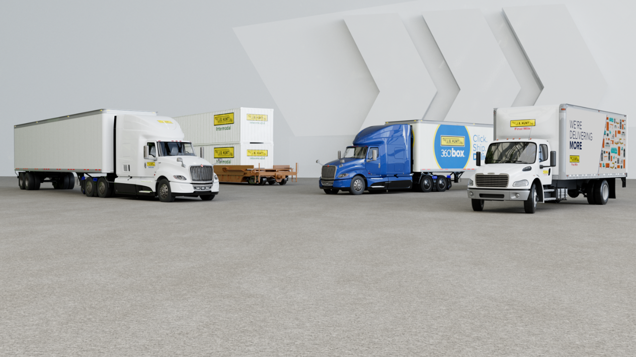 3D renderings of various J.B. Hunt transport modes (Dedicated truck and trailer, intermodal trailers, J.B. Hunt 360box trailer, and a Final Mile box truck).