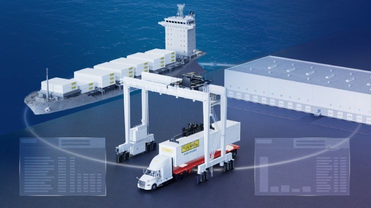 composite image of trucks, ships, shipping facilities, and cranes