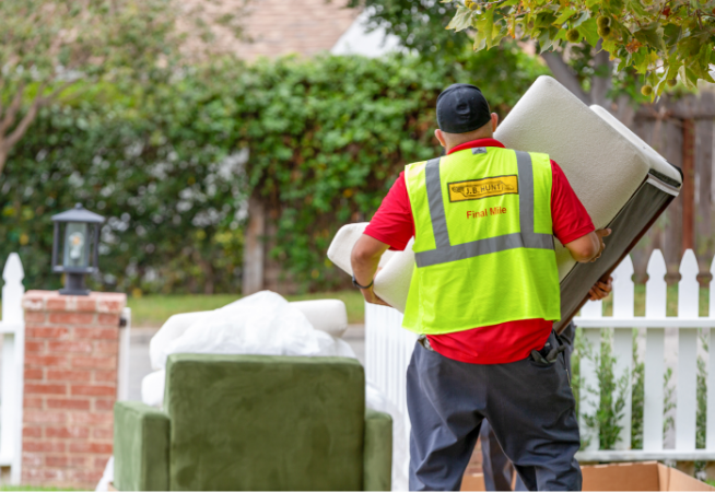 two final mile home delivery workers lifting a chair in the front yard of a customer's house