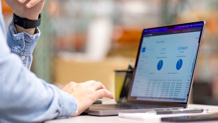 An individual looks at a laptop that is displaying charts and graphs